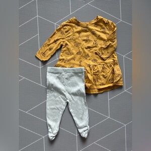 Old Navy|Baby girl mustard Yellow Dress in forest animal print & mint leggings•